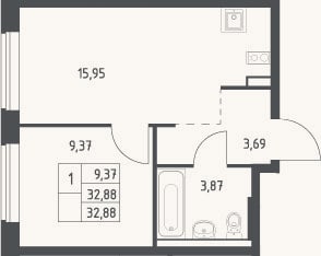 Планировка: 2-к, 32,9 м²