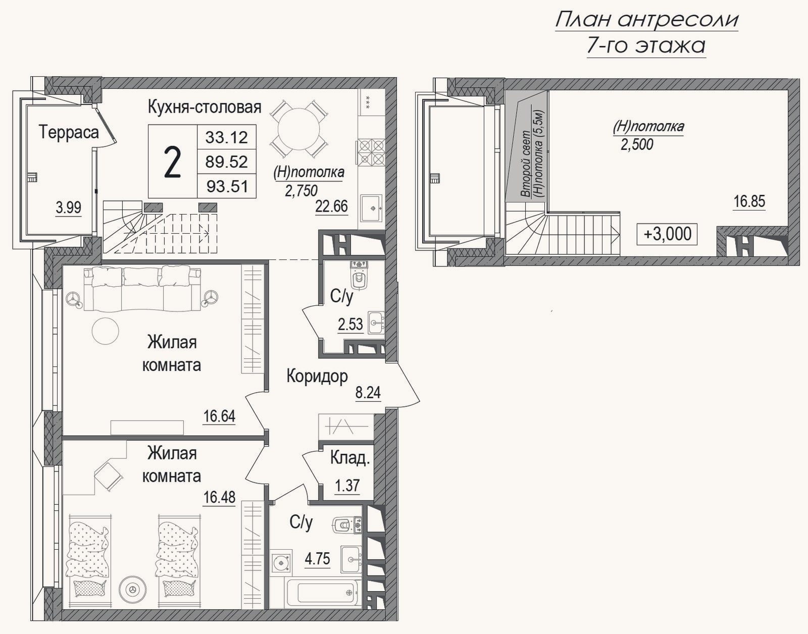 Планировка: 2-к, 86,9 м²