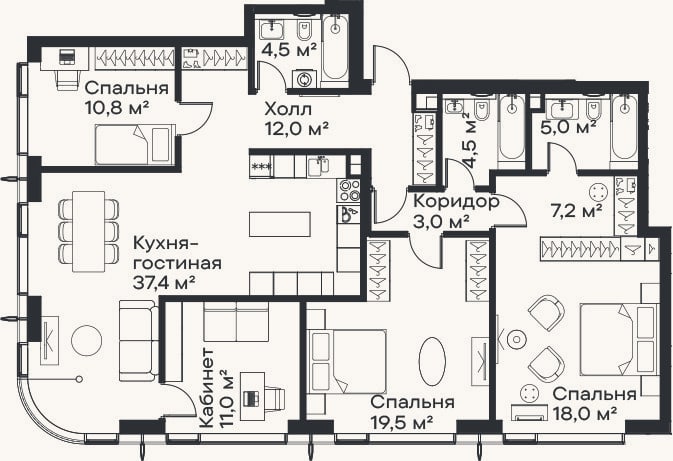 Планировка: 4+ к, 132,9 м²