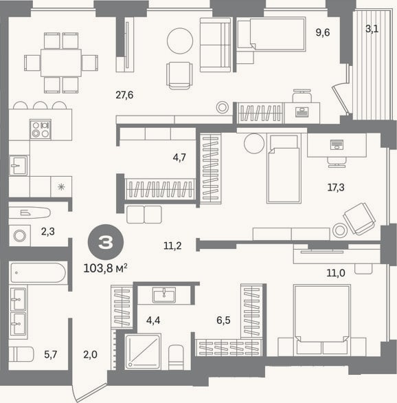 Планировка: 3-к, 102,2 м²