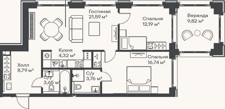 Планировка: 3-к, 71 м²