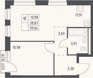 Планировка: 2-к, 38,9 м²