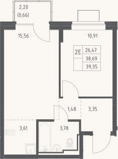 Планировка: 2-к, 38,7 м²
