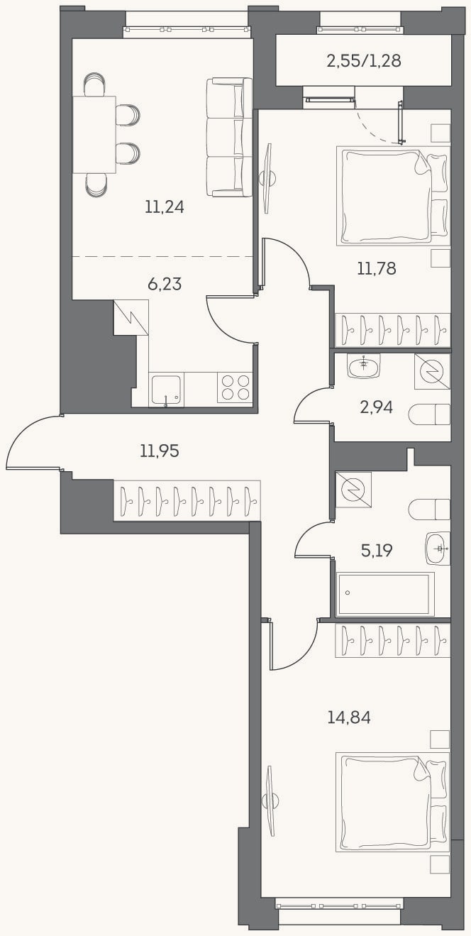 Планировка: 3-к, 64,2 м²