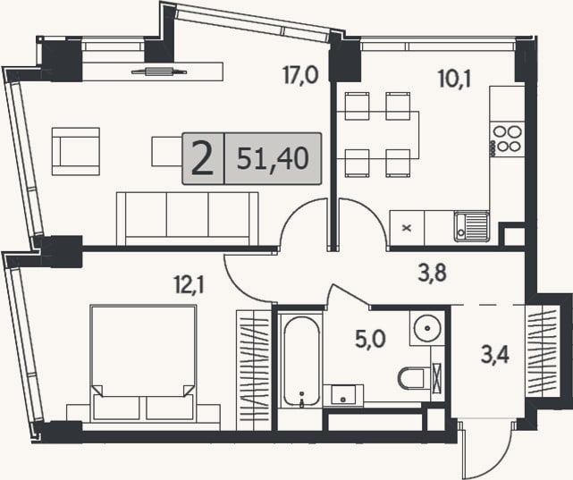 Планировка: 2-к, 51,4 м²