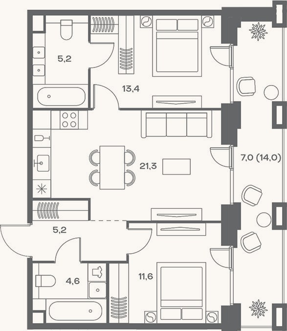 Планировка: 3-к, 61,3 м²