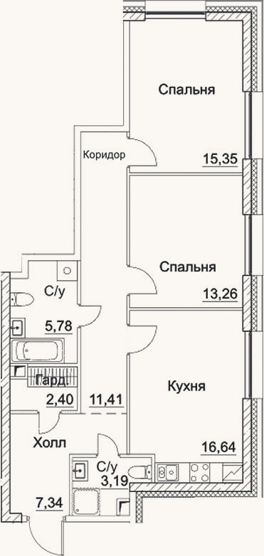Планировка: 3-к, 75,4 м²