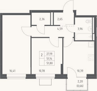 Планировка: 2-к, 51,1 м²