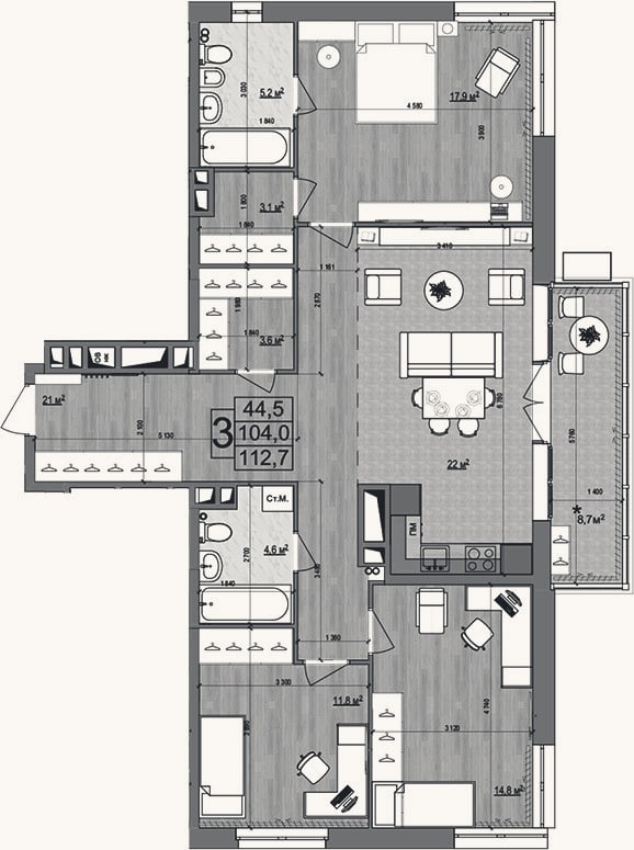 Планировка: 4+ к, 104 м²