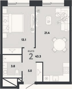 Планировка: 2-к, 43,3 м²