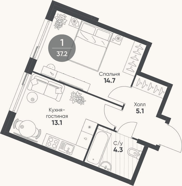 Планировка: 2-к, 37,2 м²