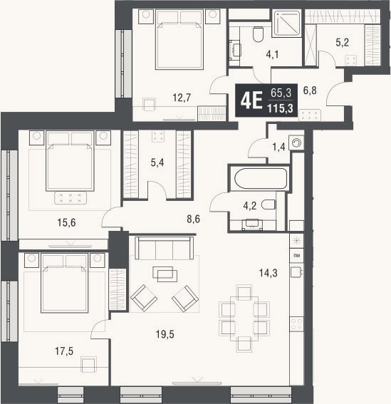 Планировка: 4+ к, 115,3 м²