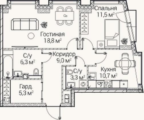 Планировка: 2-к, 64,8 м²