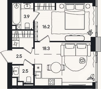 Планировка: 2-к, 47,3 м²