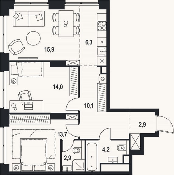 Планировка: 3-к, 70 м²