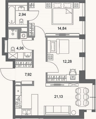 Планировка: 2-к, 64,1 м²