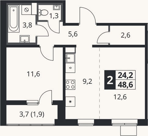 Планировка: 2-к, 46,7 м²