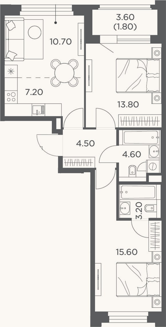 Планировка: 3-к, 59,8 м²