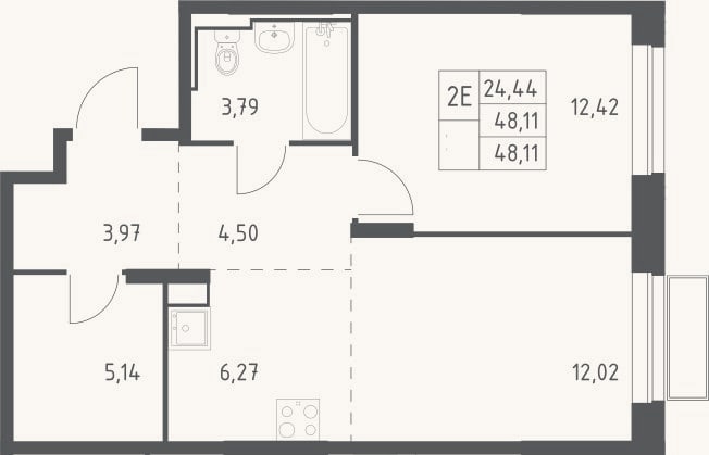 Планировка: 2-к, 48,1 м²