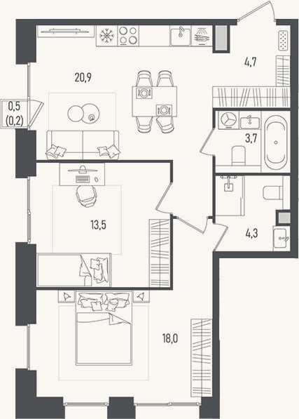 Планировка: 3-к, 65,1 м²