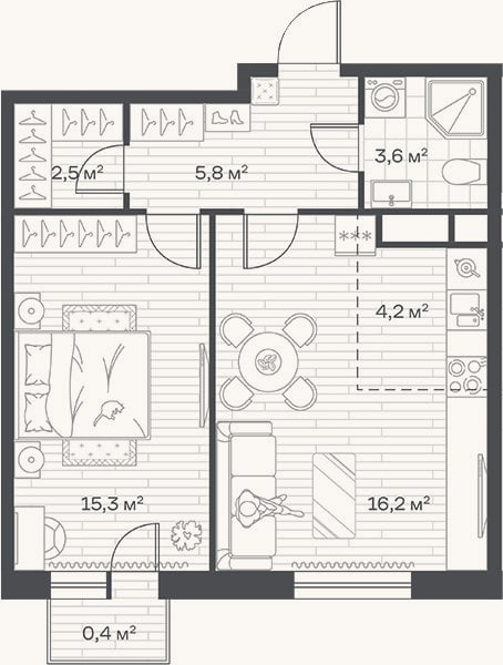 Планировка: 2-к, 47,6 м²