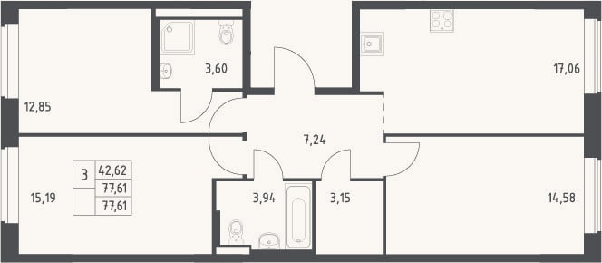 Планировка: 4+ к, 77,6 м²