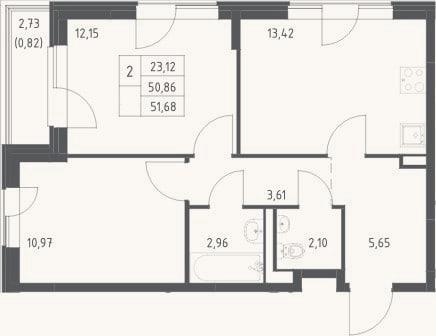 Планировка: 2-к, 50,9 м²