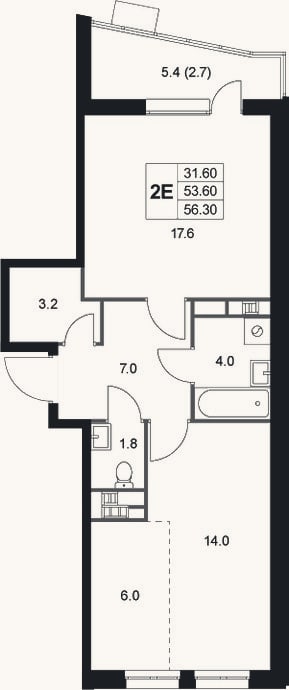 Планировка: 2-к, 53,6 м²