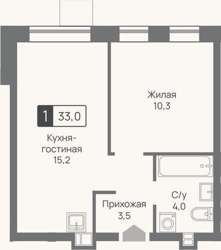 Планировка: 2-к, 33 м²