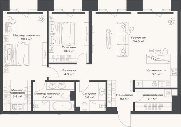 Планировка: 3-к, 110 м²