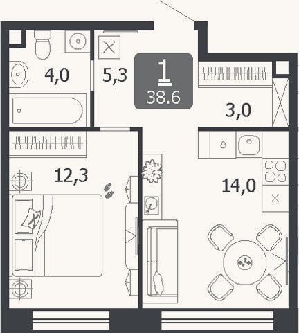 Планировка: 1-к, 38,6 м²