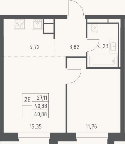 Планировка: 2-к, 40,9 м²