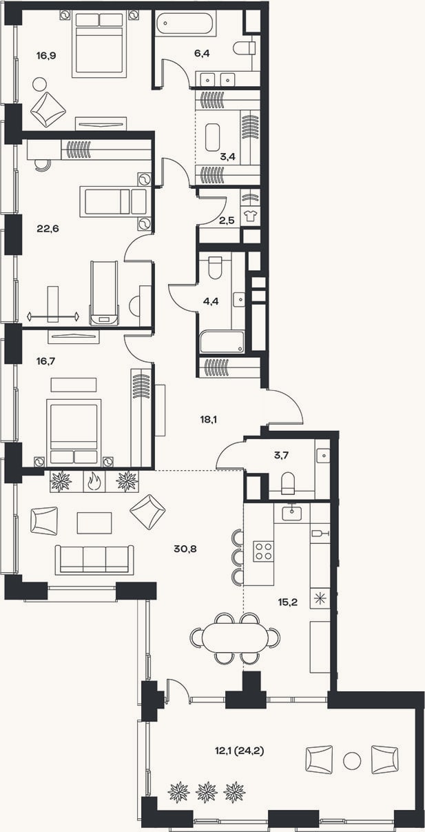 Планировка: 4+ к, 140,7 м²