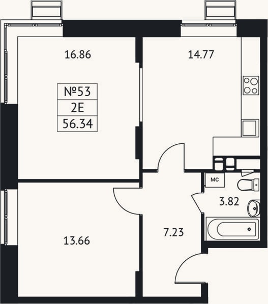 Планировка: 2-к, 56,3 м²