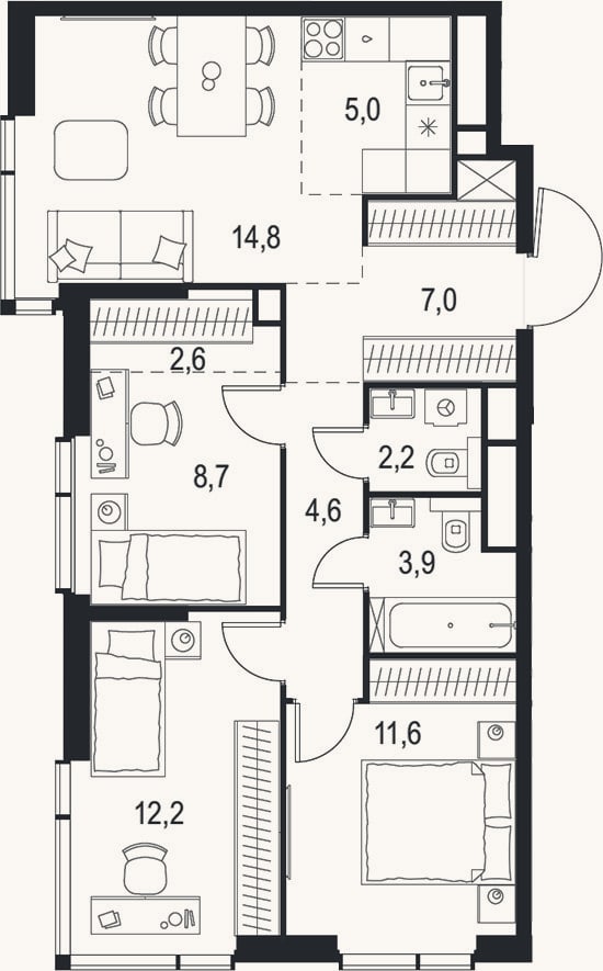 Планировка: 4+ к, 72,6 м²