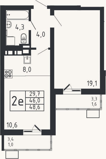 Планировка: 2-к, 46 м²