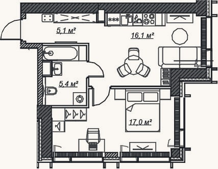 Планировка: 2-к, 43,6 м²