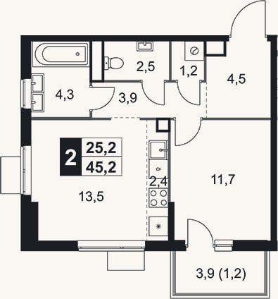 Планировка: 2-к, 44 м²