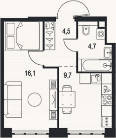 Планировка: 1-к, 35 м²
