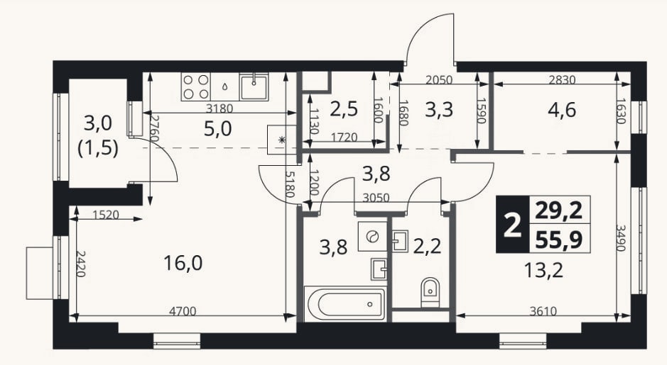 Планировка: 2-к, 54,4 м²