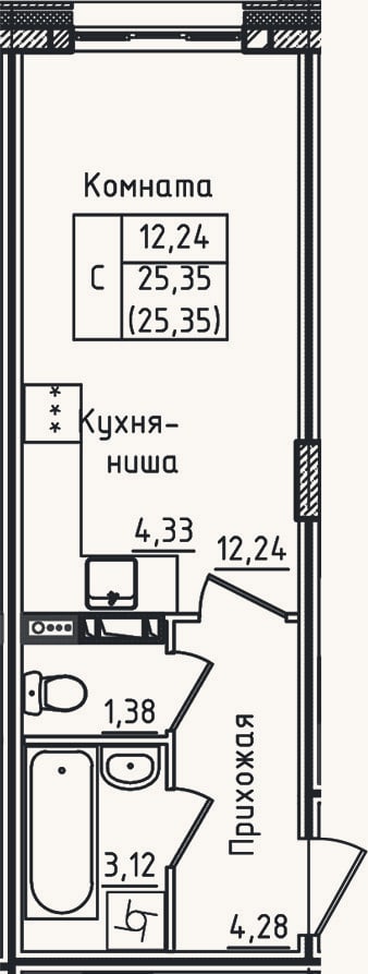 Планировка: Студия, 25,4 м²