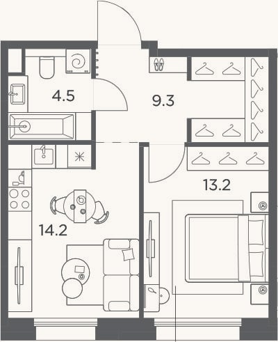 Планировка: 1-к, 41,2 м²