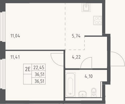 Планировка: 2-к, 36,5 м²