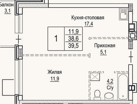 Планировка: 2-к, 38,6 м²