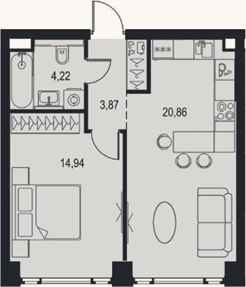 Планировка: 2-к, 43,9 м²