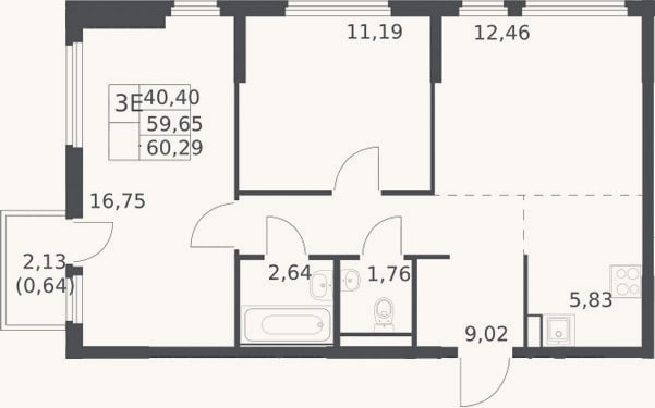 Планировка: 3-к, 59,7 м²