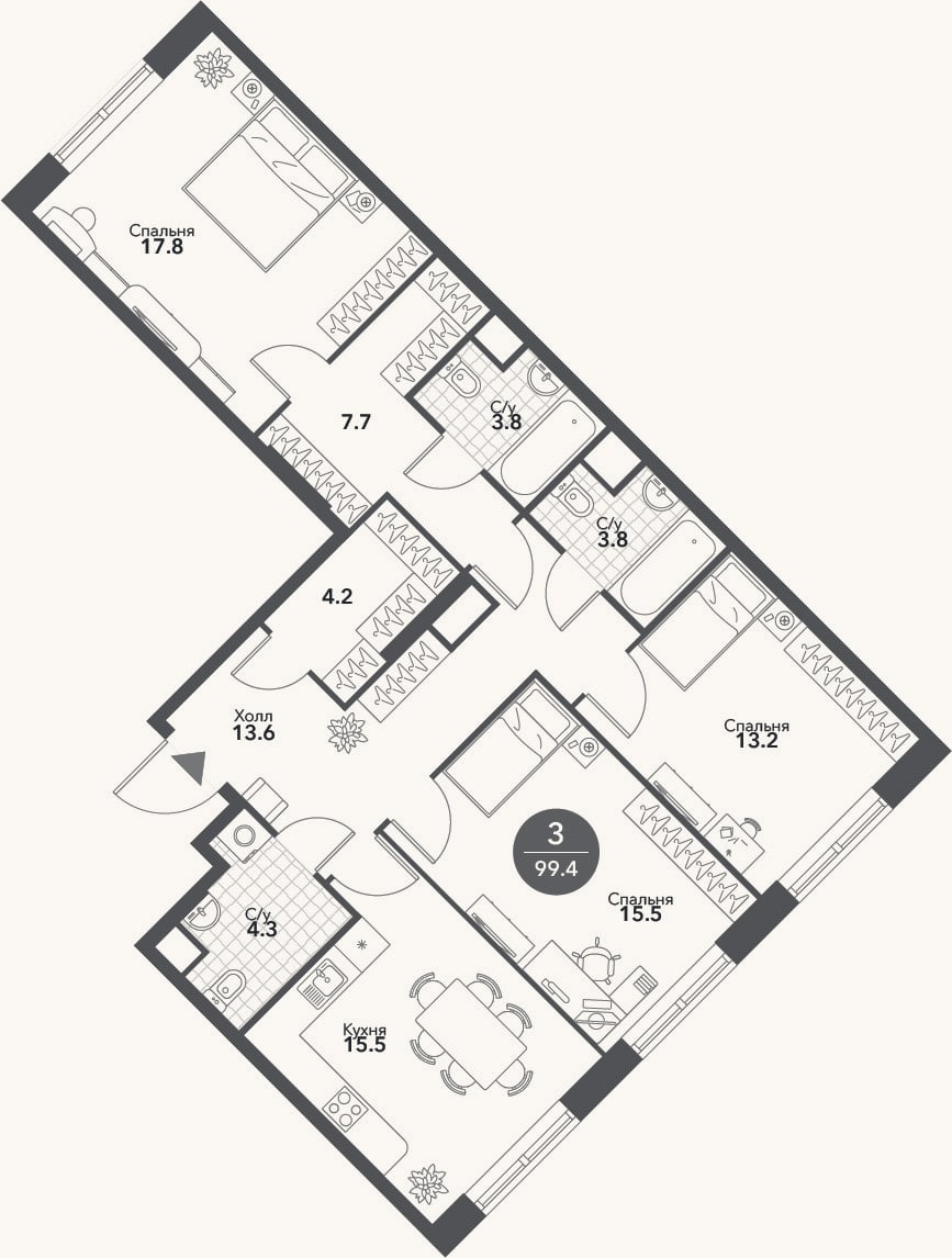 Планировка: 4+ к, 99,4 м²