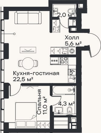 Планировка: 2-к, 45,4 м²