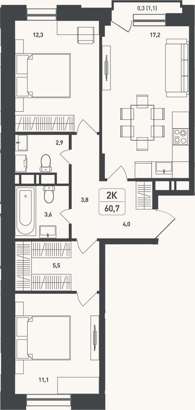 Планировка: 2-к, 62,6 м²