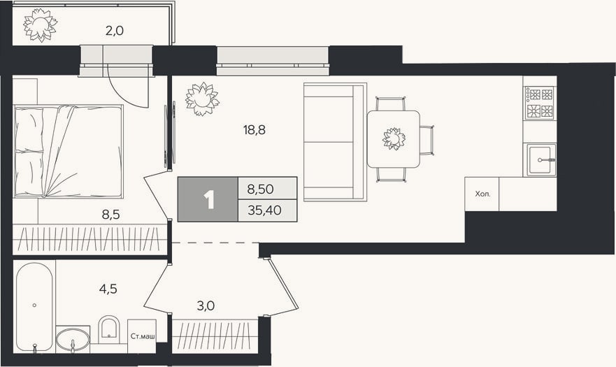 Планировка: 1-к, 34,8 м²